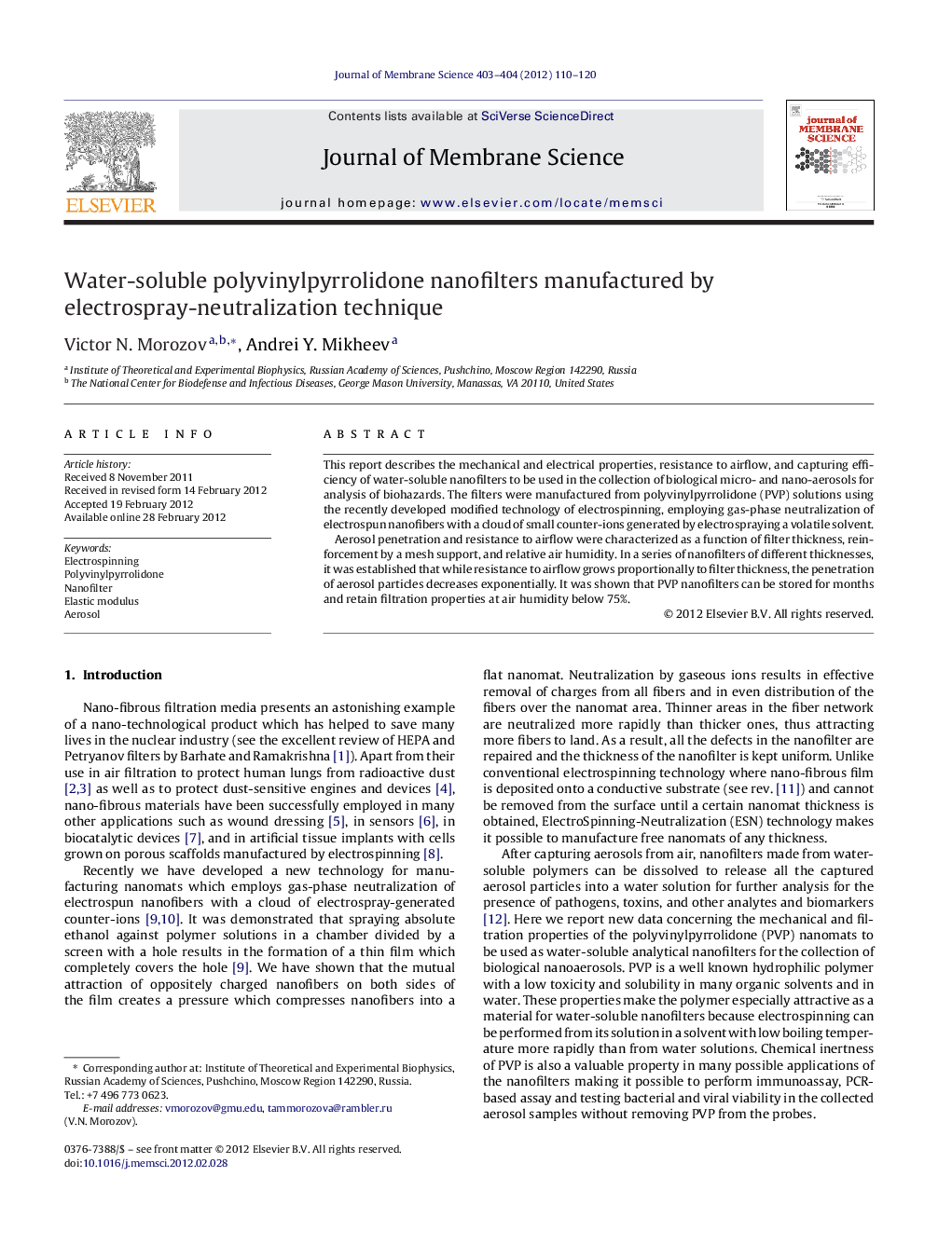 Water-soluble polyvinylpyrrolidone nanofilters manufactured by electrospray-neutralization technique