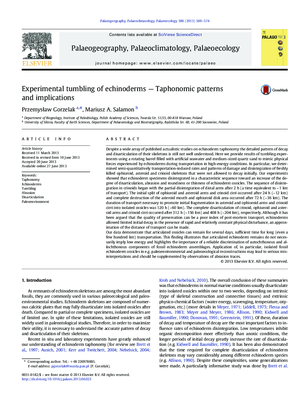 Experimental tumbling of echinoderms - Taphonomic patterns and implications