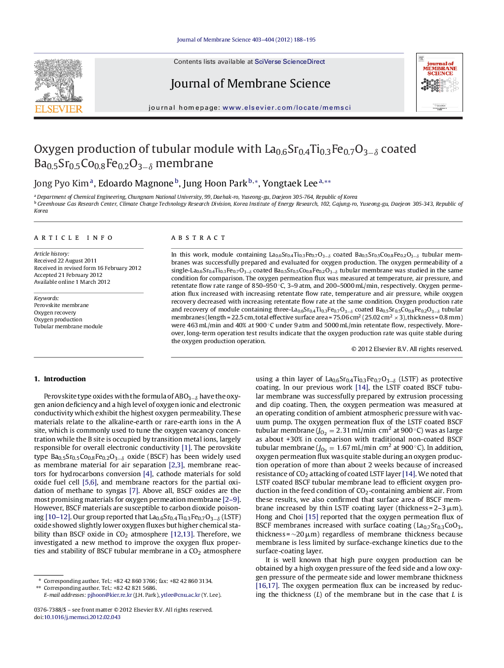 Oxygen production of tubular module with La0.6Sr0.4Ti0.3Fe0.7O3−δ coated Ba0.5Sr0.5Co0.8Fe0.2O3−δ membrane