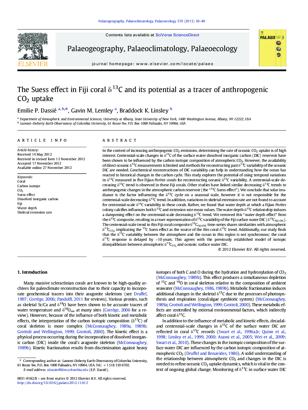 The Suess effect in Fiji coral Î´13C and its potential as a tracer of anthropogenic CO2 uptake