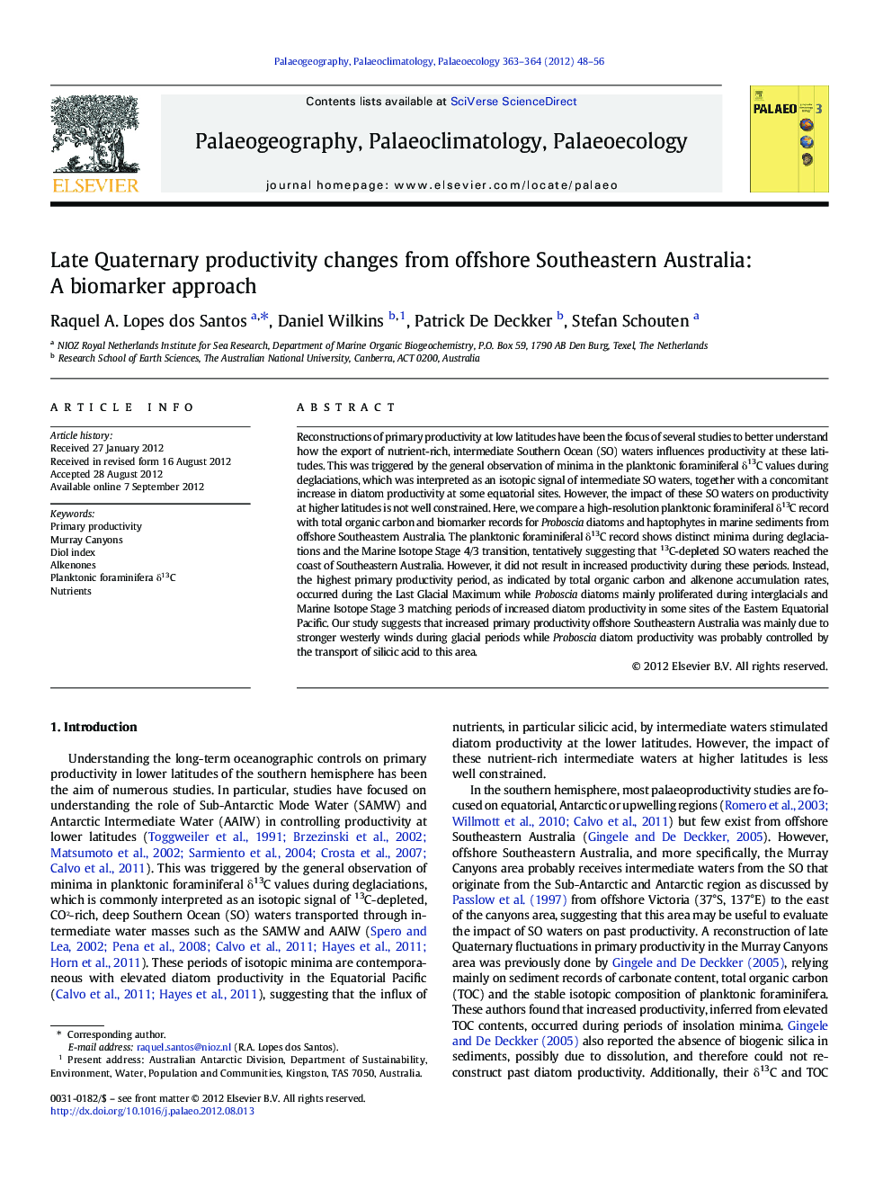 Late Quaternary productivity changes from offshore Southeastern Australia: A biomarker approach