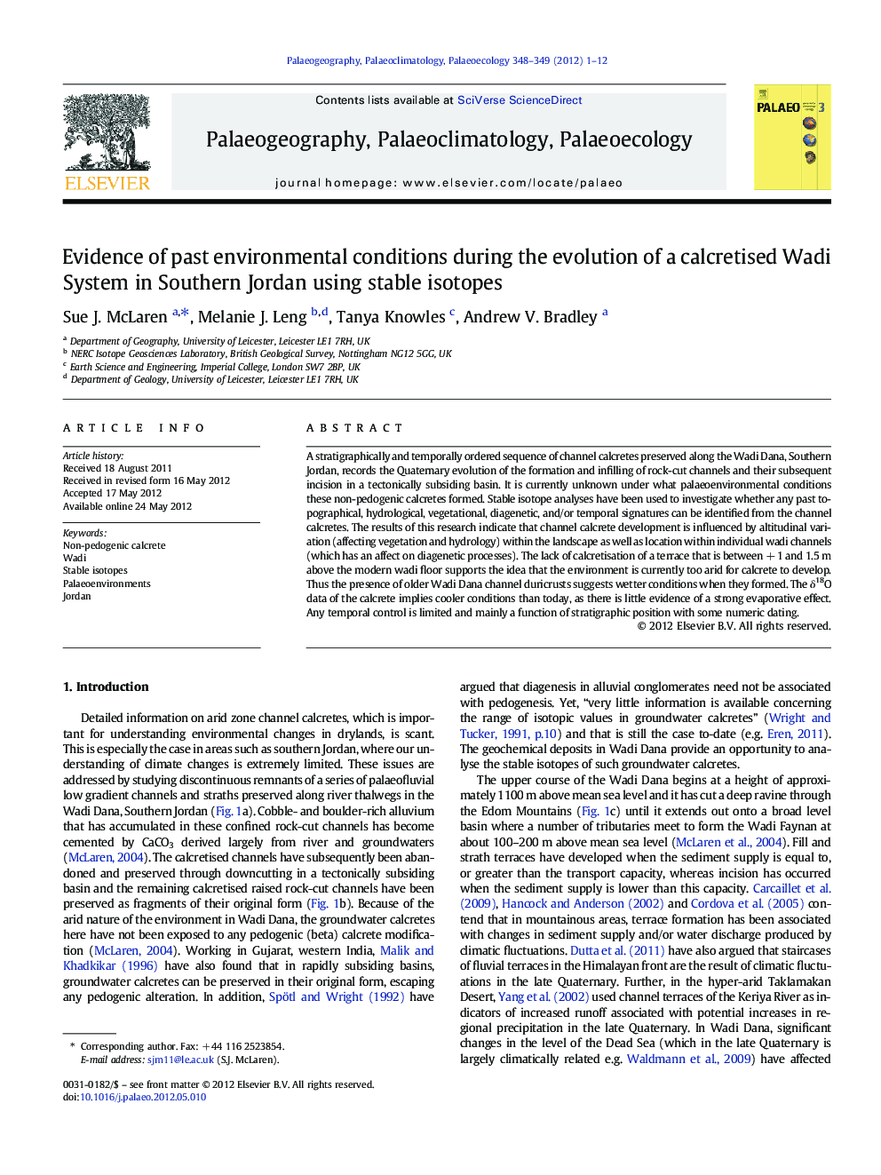 Evidence of past environmental conditions during the evolution of a calcretised Wadi System in Southern Jordan using stable isotopes