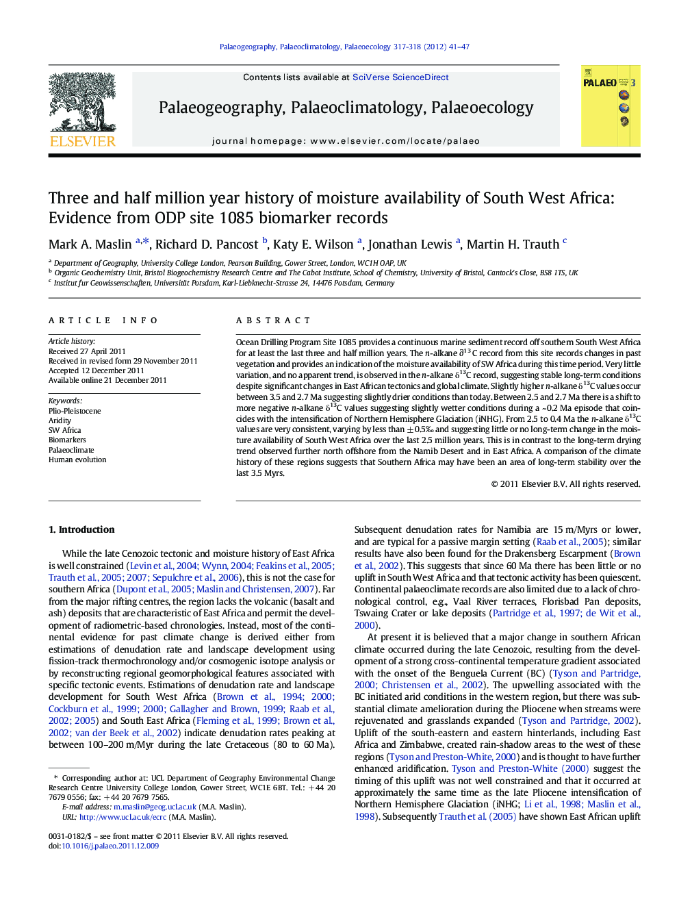 Three and half million year history of moisture availability of South West Africa: Evidence from ODP site 1085 biomarker records