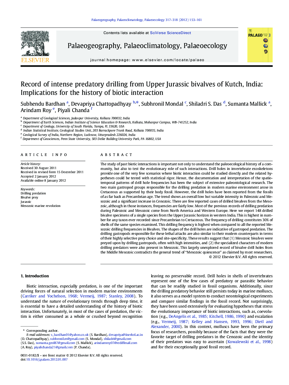 Record of intense predatory drilling from Upper Jurassic bivalves of Kutch, India: Implications for the history of biotic interaction