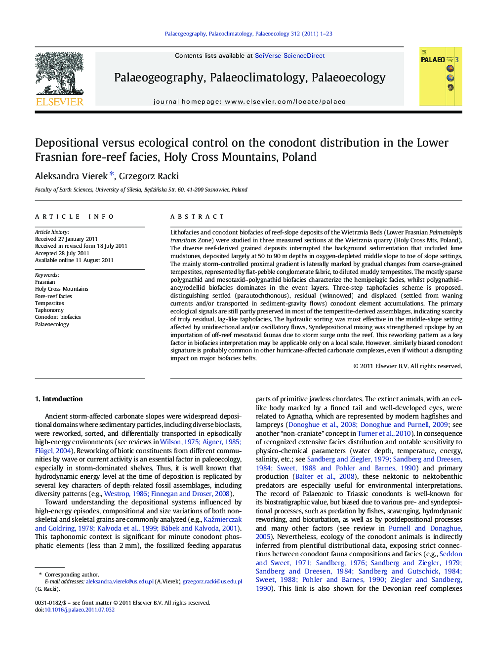 Depositional versus ecological control on the conodont distribution in the Lower Frasnian fore-reef facies, Holy Cross Mountains, Poland