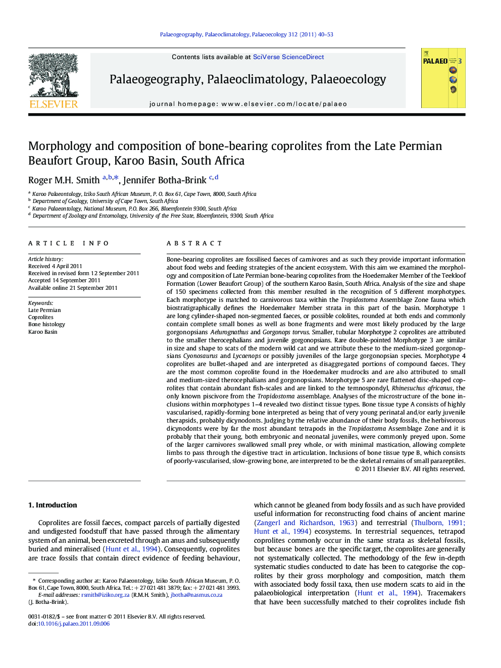 Morphology and composition of bone-bearing coprolites from the Late Permian Beaufort Group, Karoo Basin, South Africa