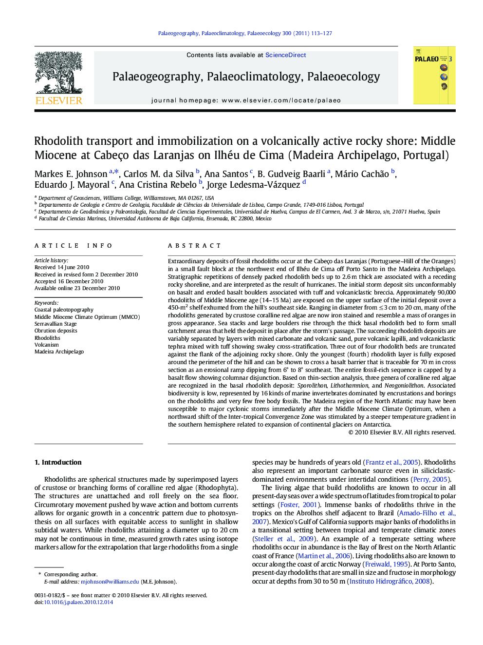 Rhodolith transport and immobilization on a volcanically active rocky shore: Middle Miocene at Cabeço das Laranjas on Ilhéu de Cima (Madeira Archipelago, Portugal)