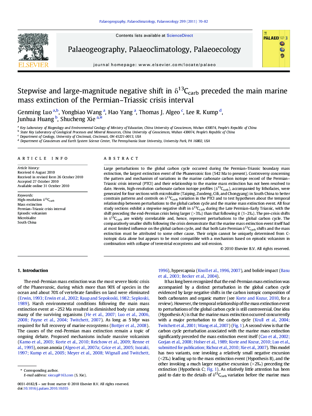 Stepwise and large-magnitude negative shift in Î´13Ccarb preceded the main marine mass extinction of the Permian-Triassic crisis interval