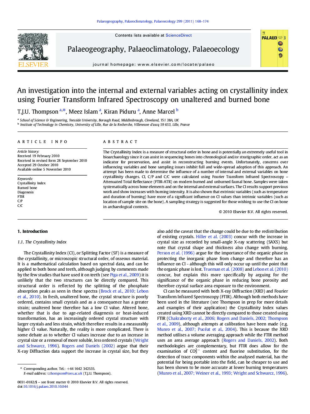 An investigation into the internal and external variables acting on crystallinity index using Fourier Transform Infrared Spectroscopy on unaltered and burned bone