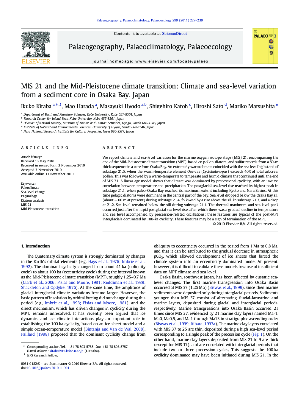 عکس صفحه اول مقاله: MIS 21 and the Mid-Pleistocene climate transition: Climate and sea-level variation from a sediment core in Osaka Bay, Japan MIS 21 and the Mid-Pleistocene climate transition: Climate and sea-level variation from a sediment core in Osaka Bay, Japan
