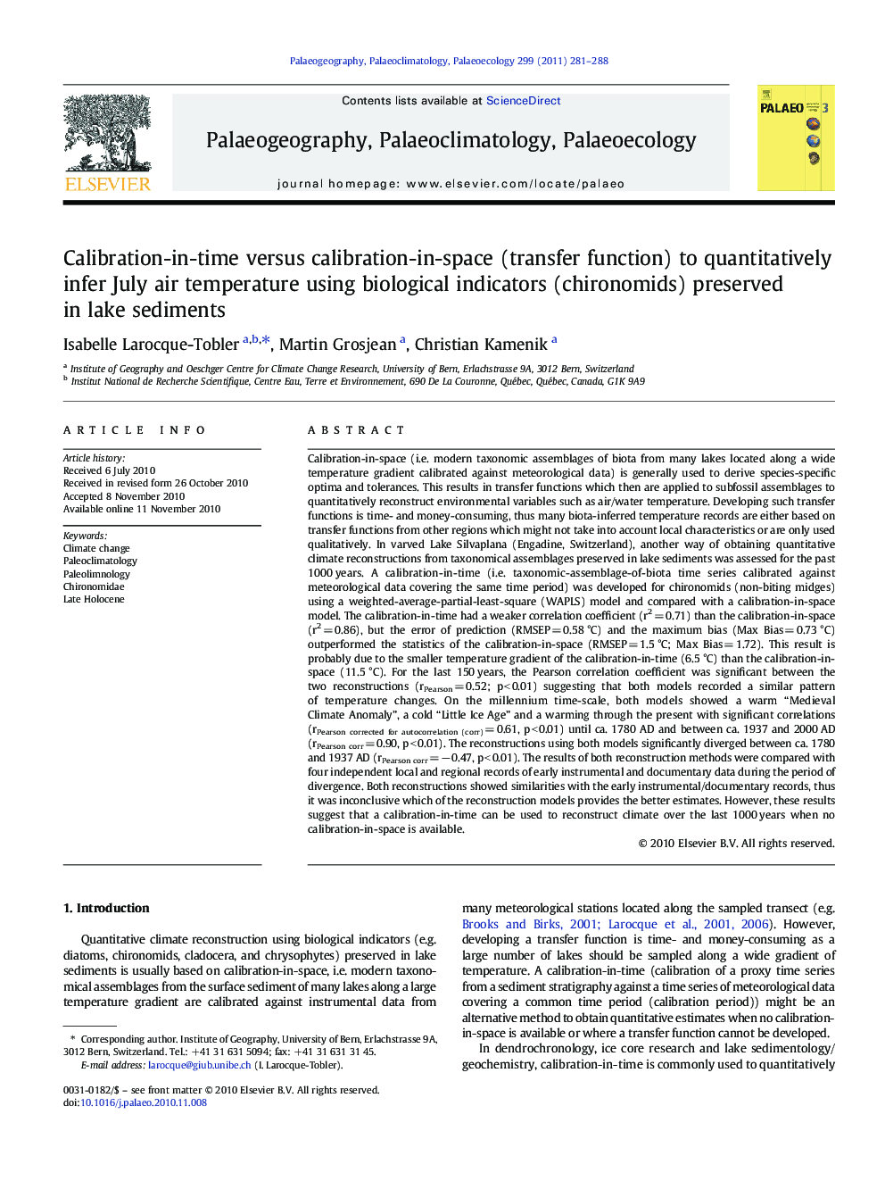 Calibration-in-time versus calibration-in-space (transfer function) to quantitatively infer July air temperature using biological indicators (chironomids) preserved in lake sediments