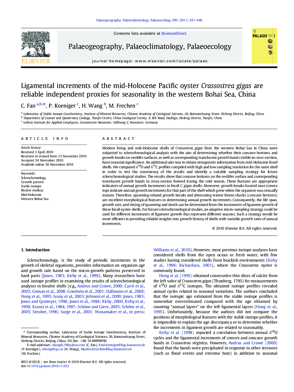 Ligamental increments of the mid-Holocene Pacific oyster Crassostrea gigas are reliable independent proxies for seasonality in the western Bohai Sea, China