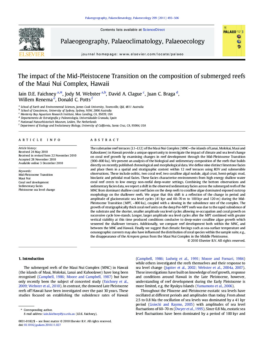 The impact of the Mid-Pleistocene Transition on the composition of submerged reefs of the Maui Nui Complex, Hawaii