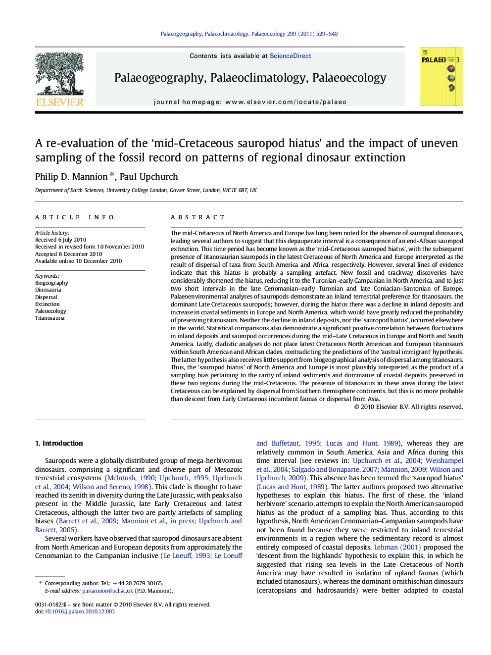 A re-evaluation of the 'mid-Cretaceous sauropod hiatus' and the impact of uneven sampling of the fossil record on patterns of regional dinosaur extinction