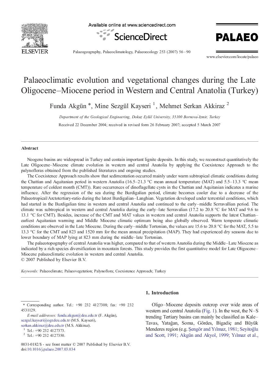 Palaeoclimatic evolution and vegetational changes during the Late Oligocene-Miocene period in Western and Central Anatolia (Turkey)