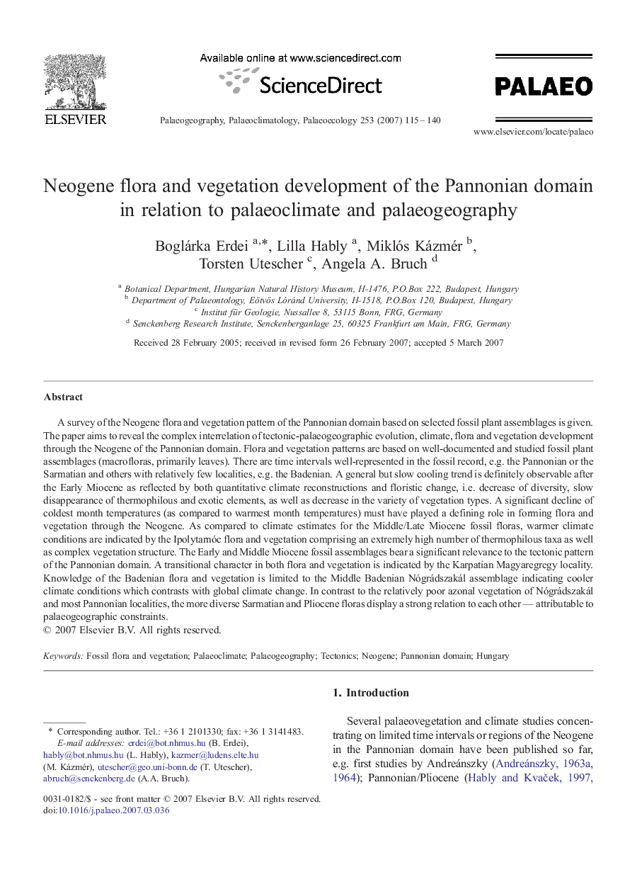 Neogene flora and vegetation development of the Pannonian domain in relation to palaeoclimate and palaeogeography