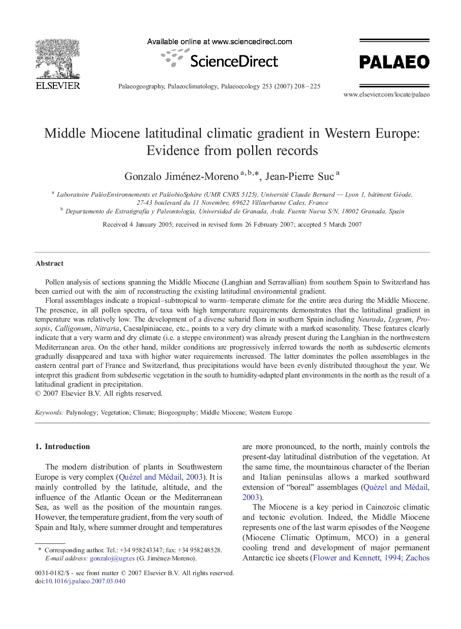 Middle Miocene latitudinal climatic gradient in Western Europe: Evidence from pollen records