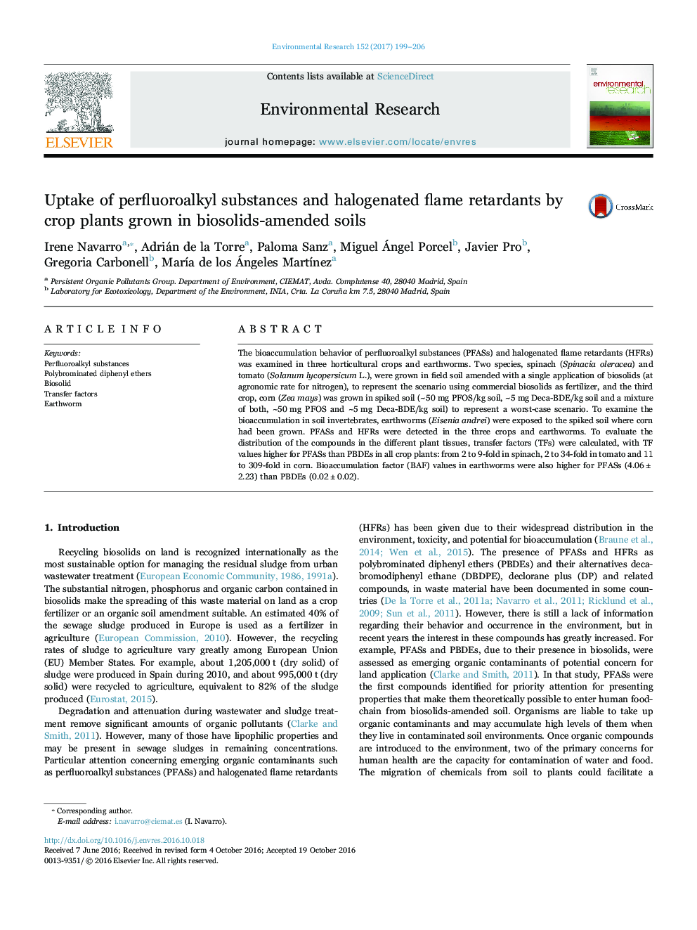 Uptake of perfluoroalkyl substances and halogenated flame retardants by crop plants grown in biosolids-amended soils