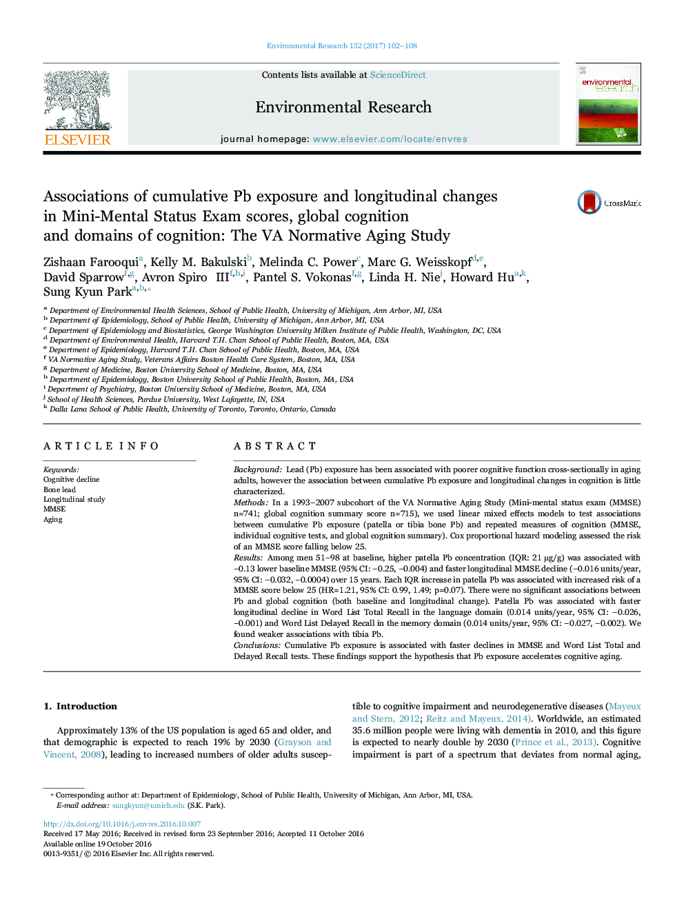 Associations of cumulative Pb exposure and longitudinal changes in Mini-Mental Status Exam scores, global cognition and domains of cognition: The VA Normative Aging Study