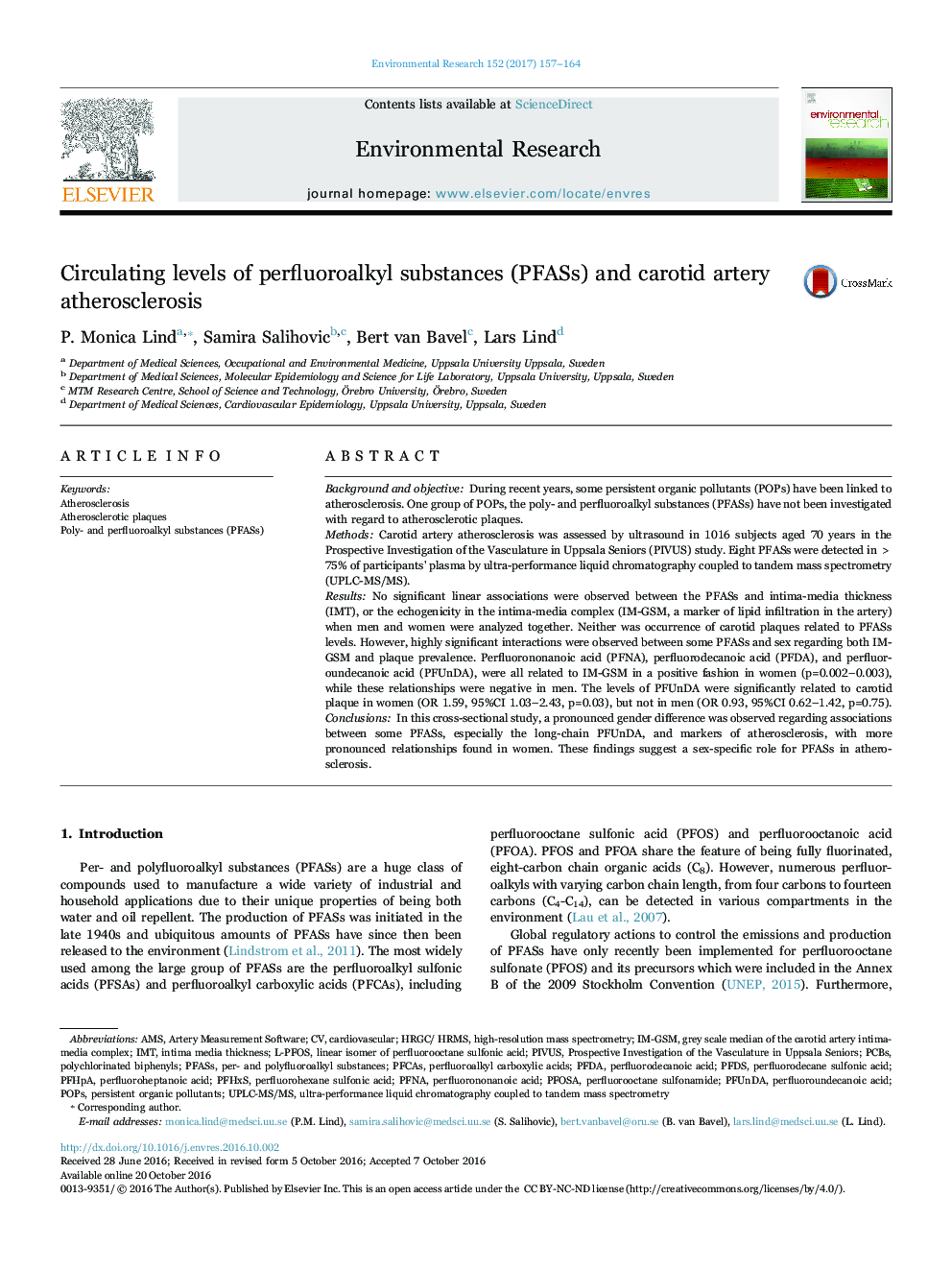 Circulating levels of perfluoroalkyl substances (PFASs) and carotid artery atherosclerosis