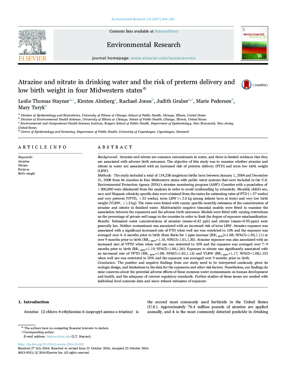 Atrazine and nitrate in drinking water and the risk of preterm delivery and low birth weight in four Midwestern states