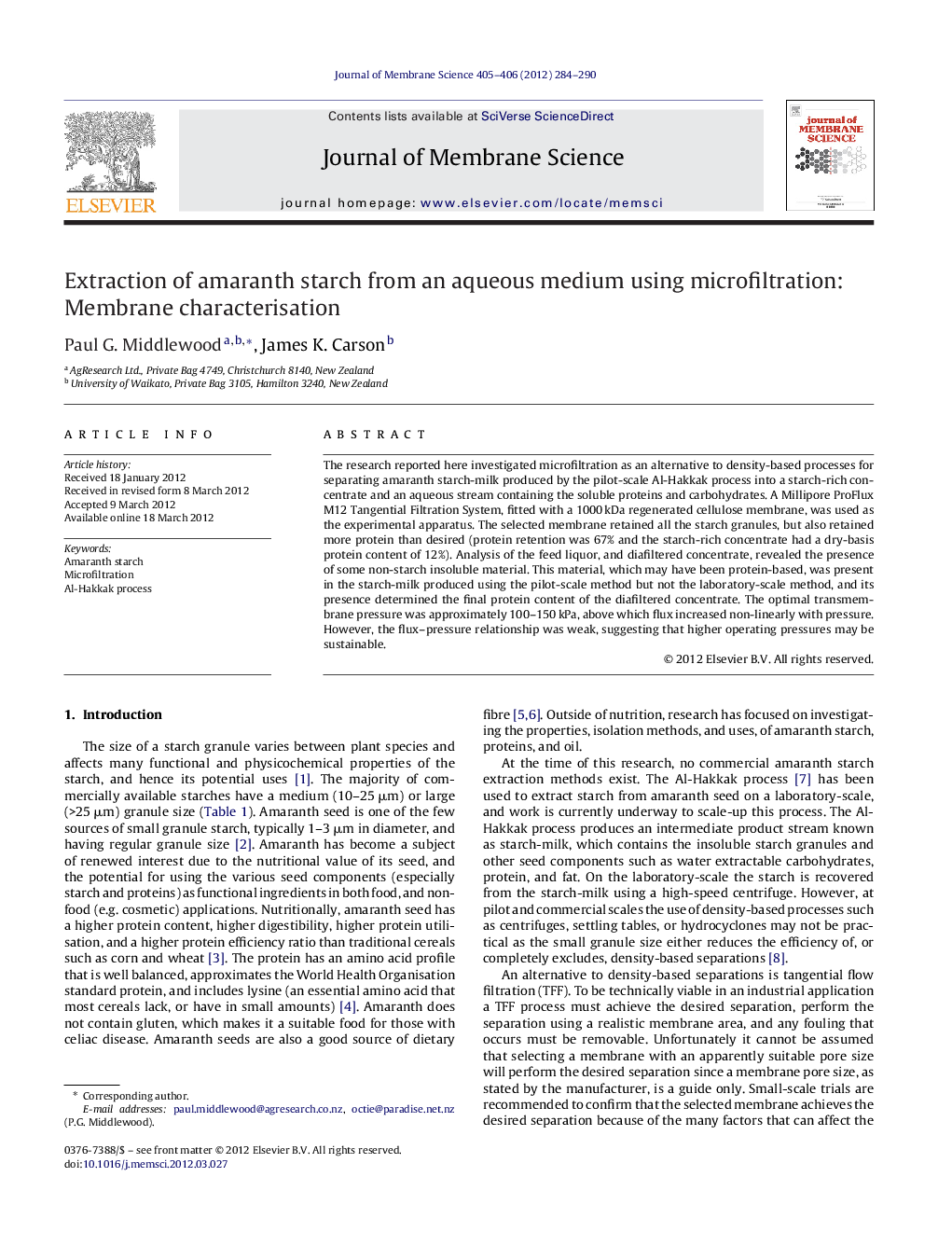 Extraction of amaranth starch from an aqueous medium using microfiltration: Membrane characterisation