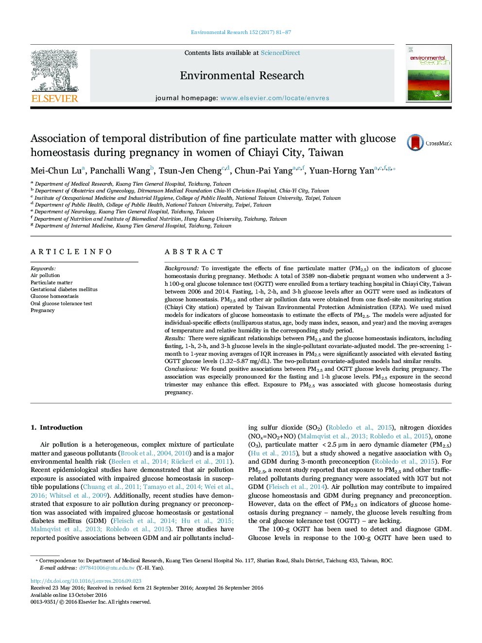 Association of temporal distribution of fine particulate matter with glucose homeostasis during pregnancy in women of Chiayi City, Taiwan