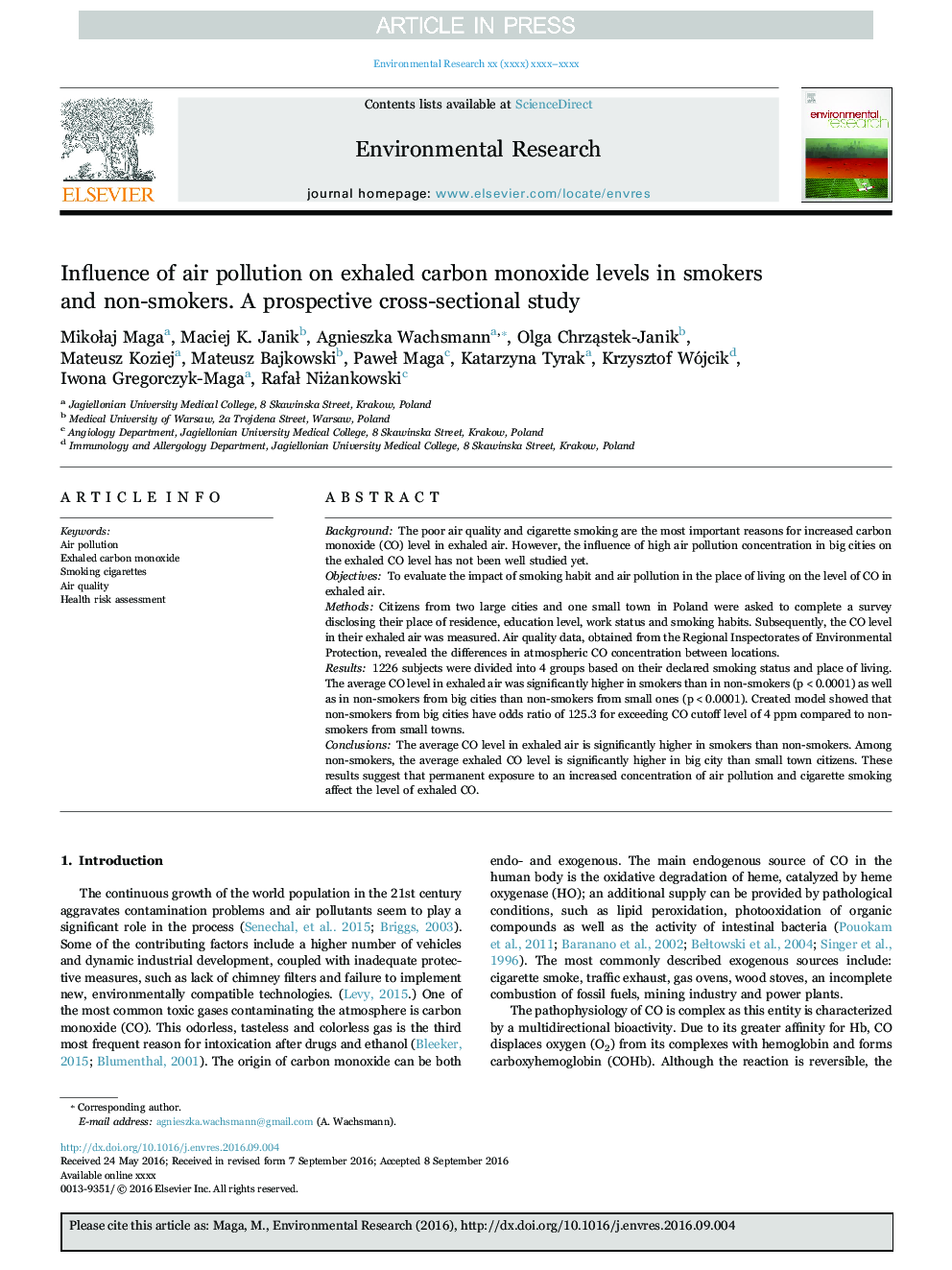 Influence of air pollution on exhaled carbon monoxide levels in smokers and non-smokers. A prospective cross-sectional study