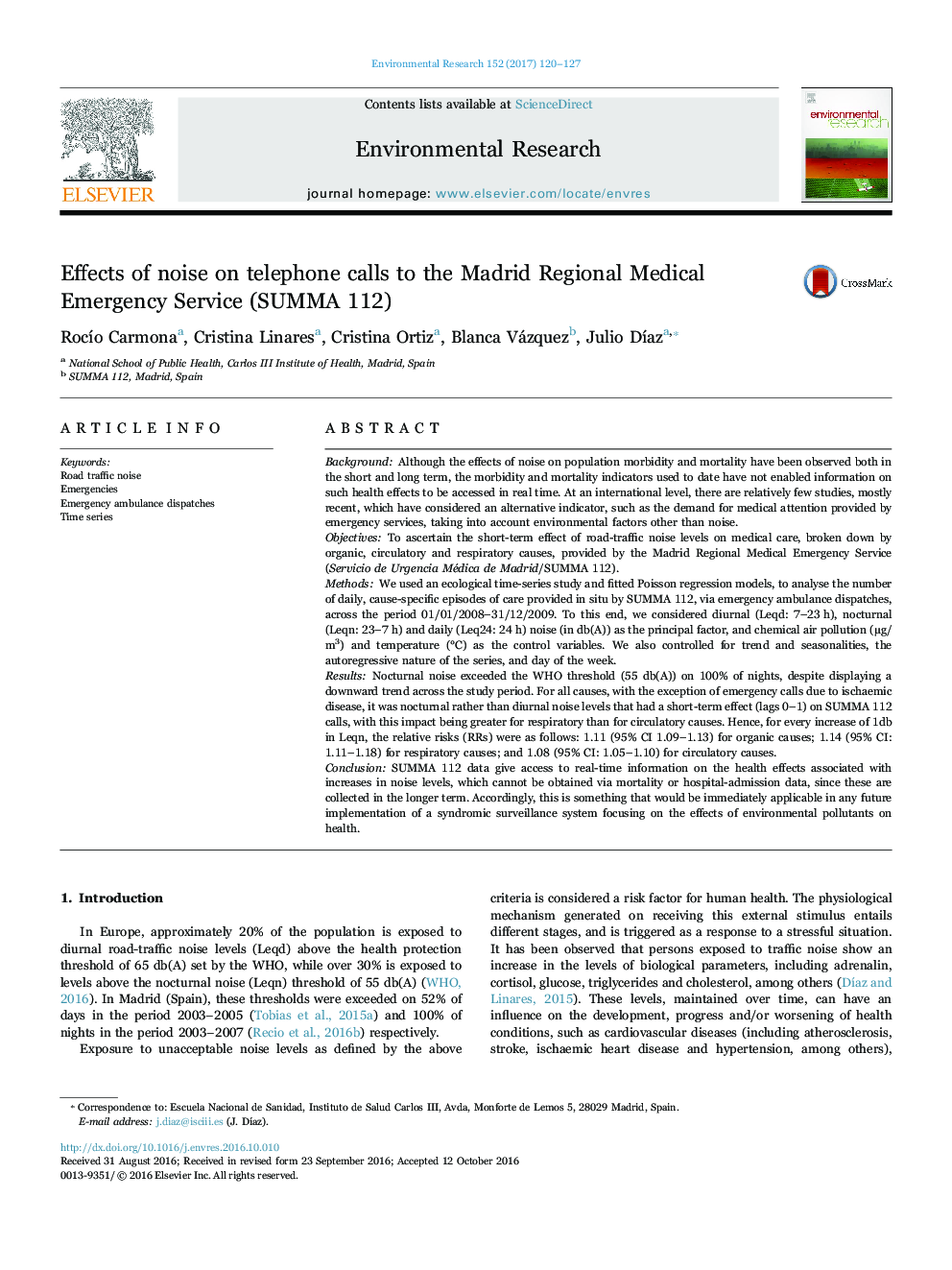 Effects of noise on telephone calls to the Madrid Regional Medical Emergency Service (SUMMA 112)