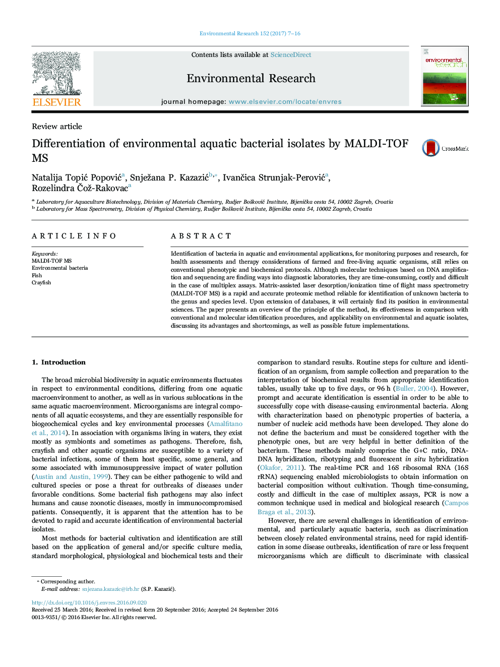 Differentiation of environmental aquatic bacterial isolates by MALDI-TOF MS