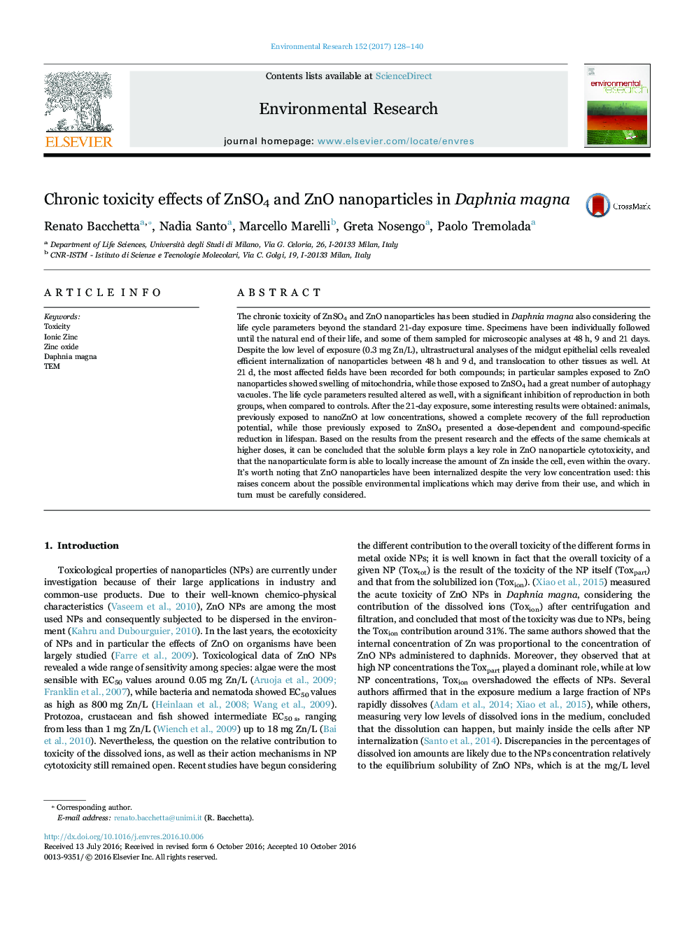 Chronic toxicity effects of ZnSO4 and ZnO nanoparticles in Daphnia magna