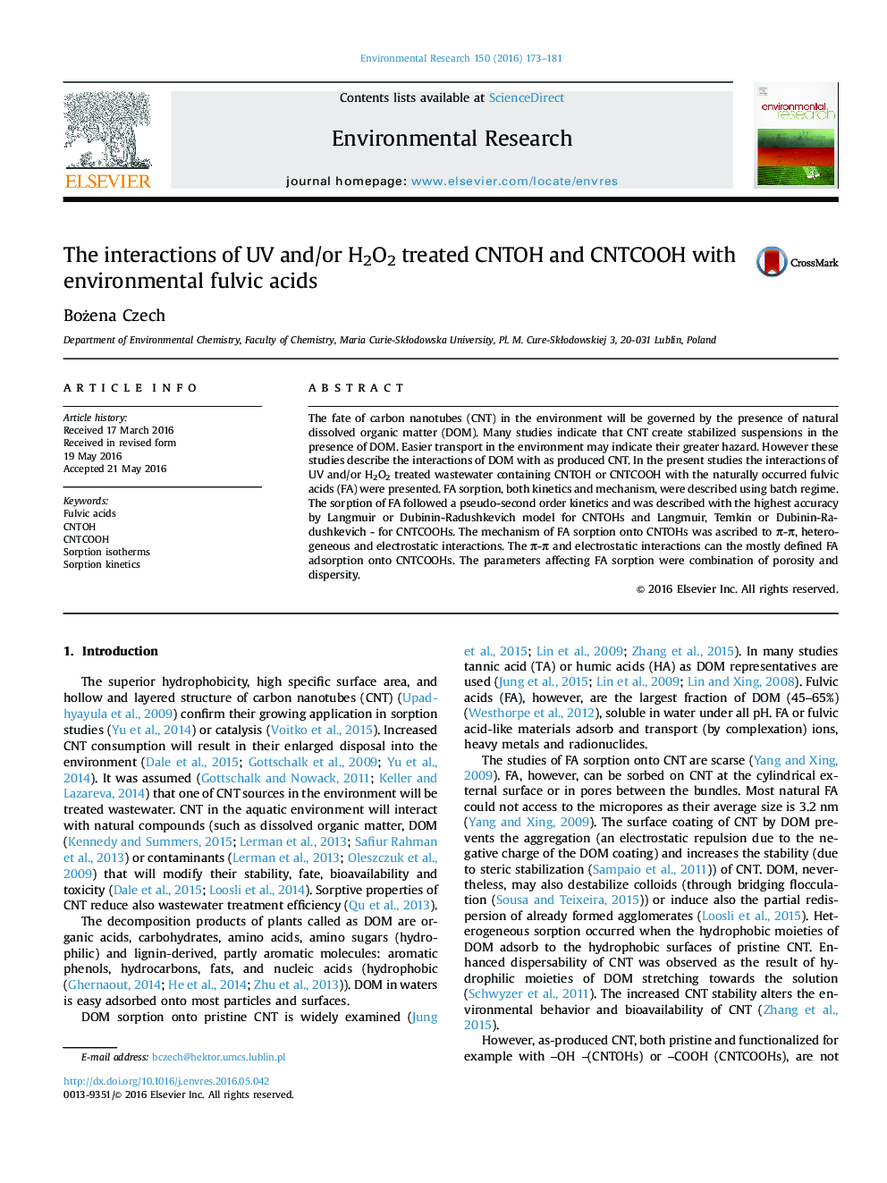 The interactions of UV and/or H2O2 treated CNTOH and CNTCOOH with environmental fulvic acids