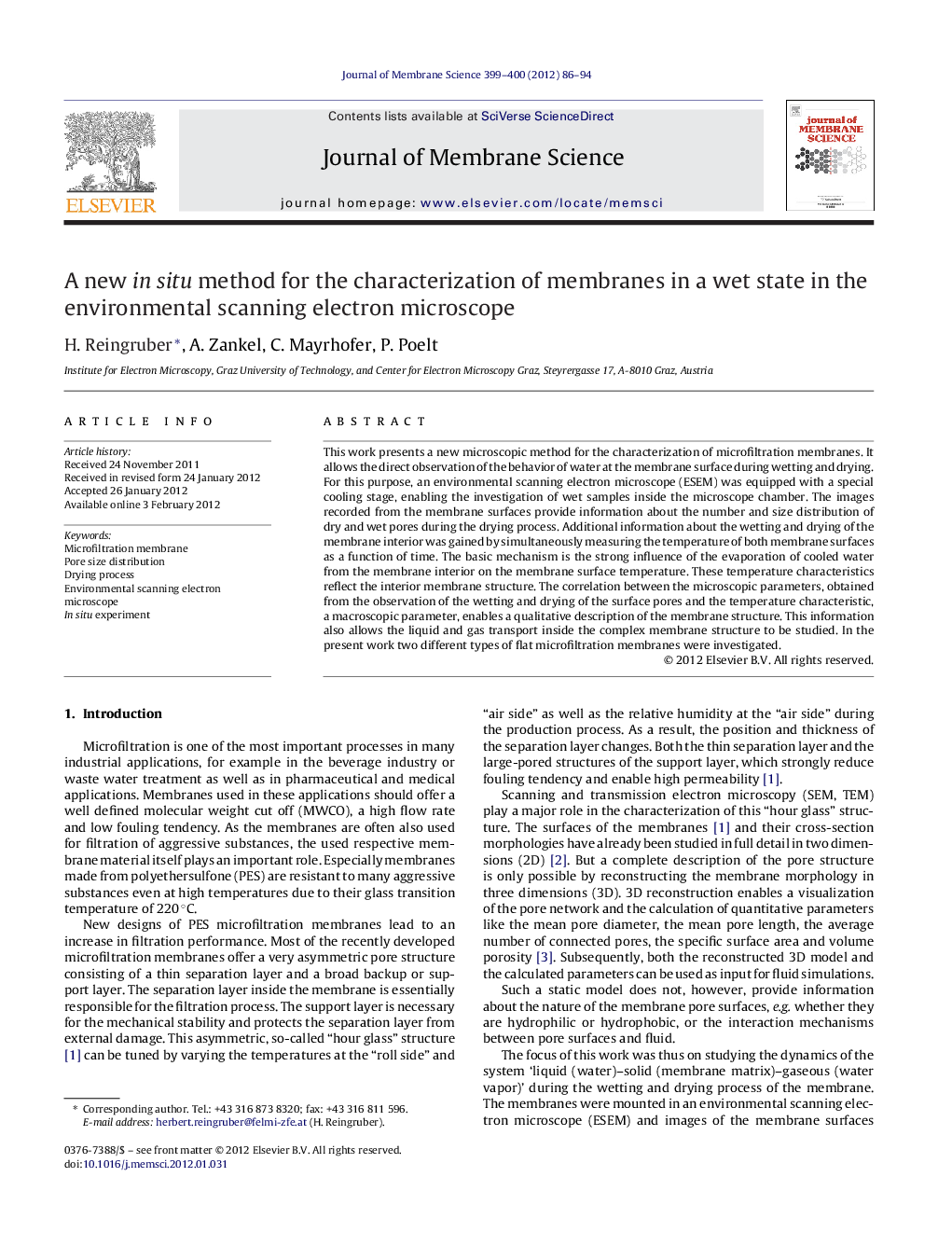 A new in situ method for the characterization of membranes in a wet state in the environmental scanning electron microscope