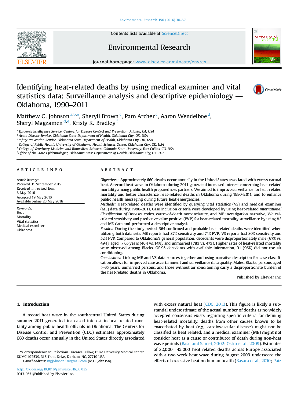 Identifying heat-related deaths by using medical examiner and vital statistics data: Surveillance analysis and descriptive epidemiology - Oklahoma, 1990-2011