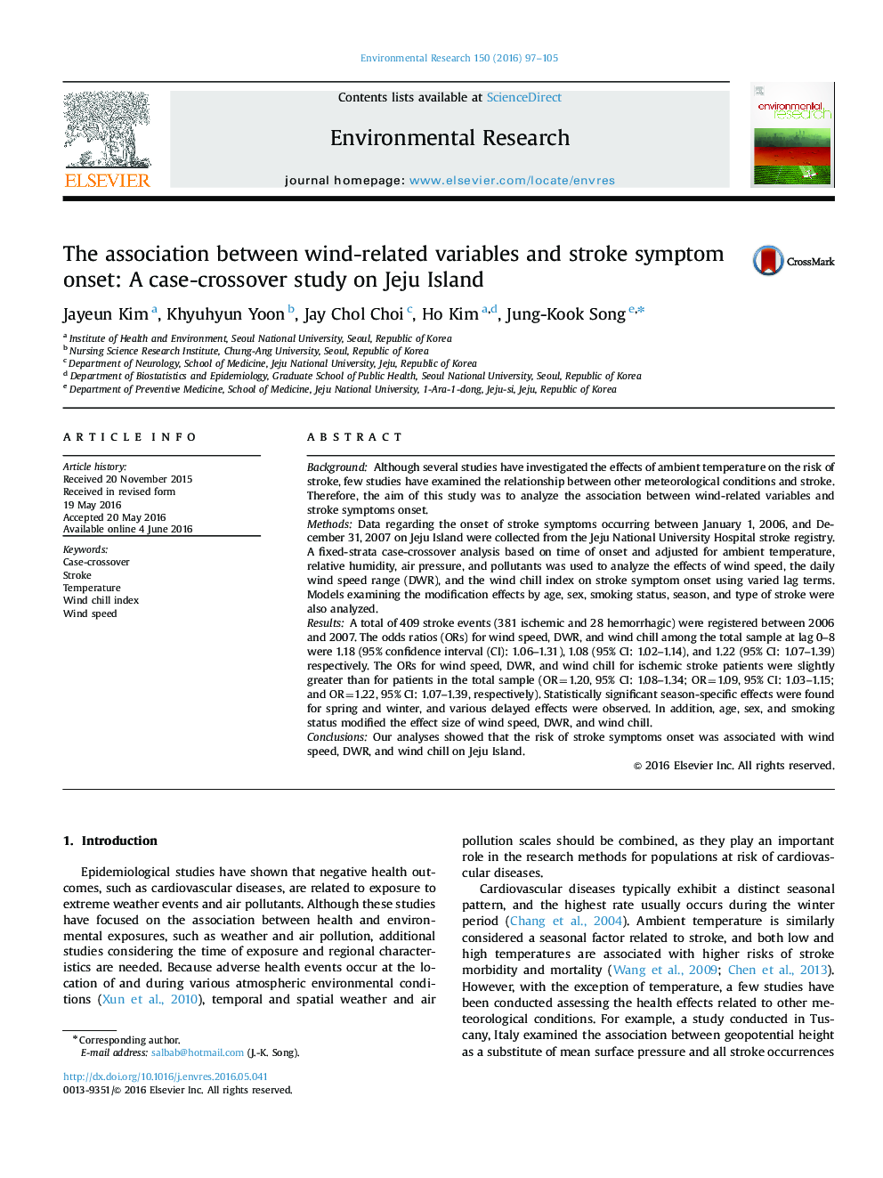 The association between wind-related variables and stroke symptom onset: A case-crossover study on Jeju Island