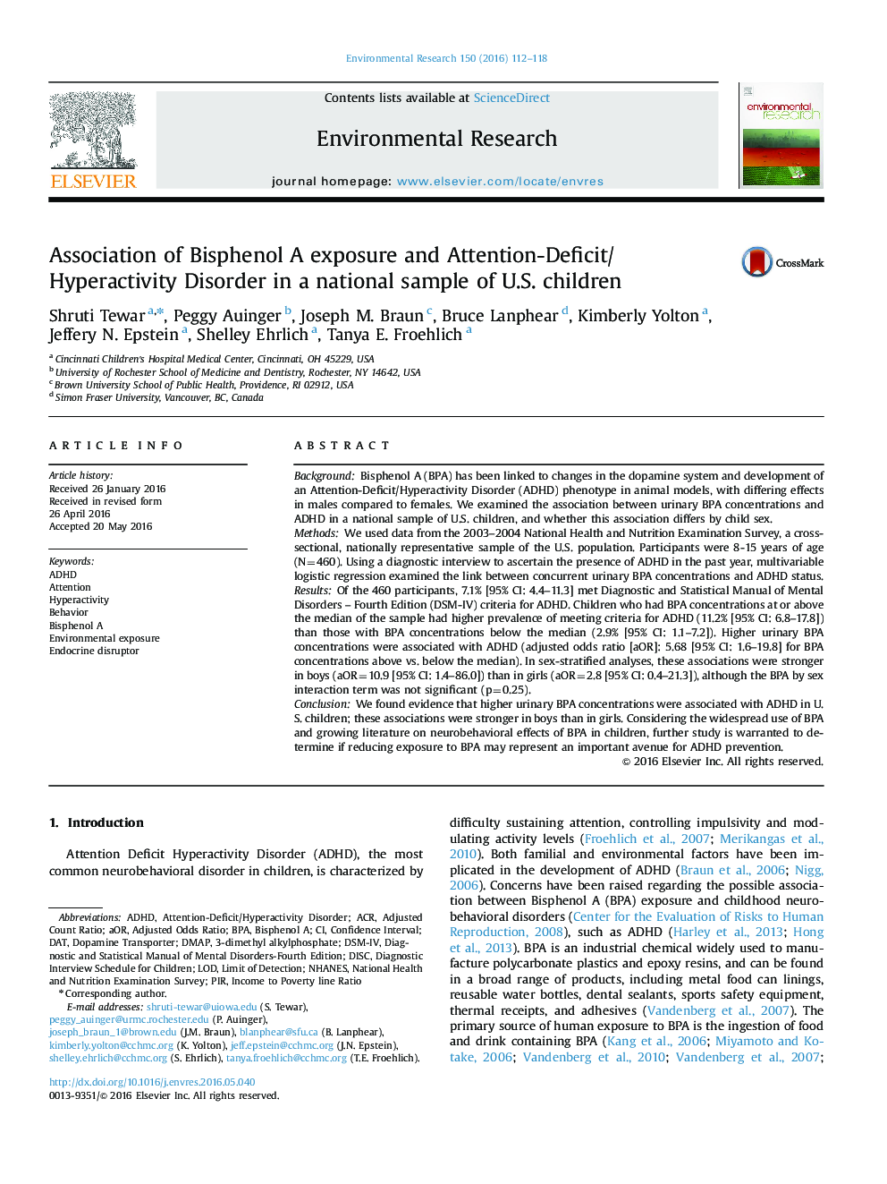 Association of Bisphenol A exposure and Attention-Deficit/Hyperactivity Disorder in a national sample of U.S. children
