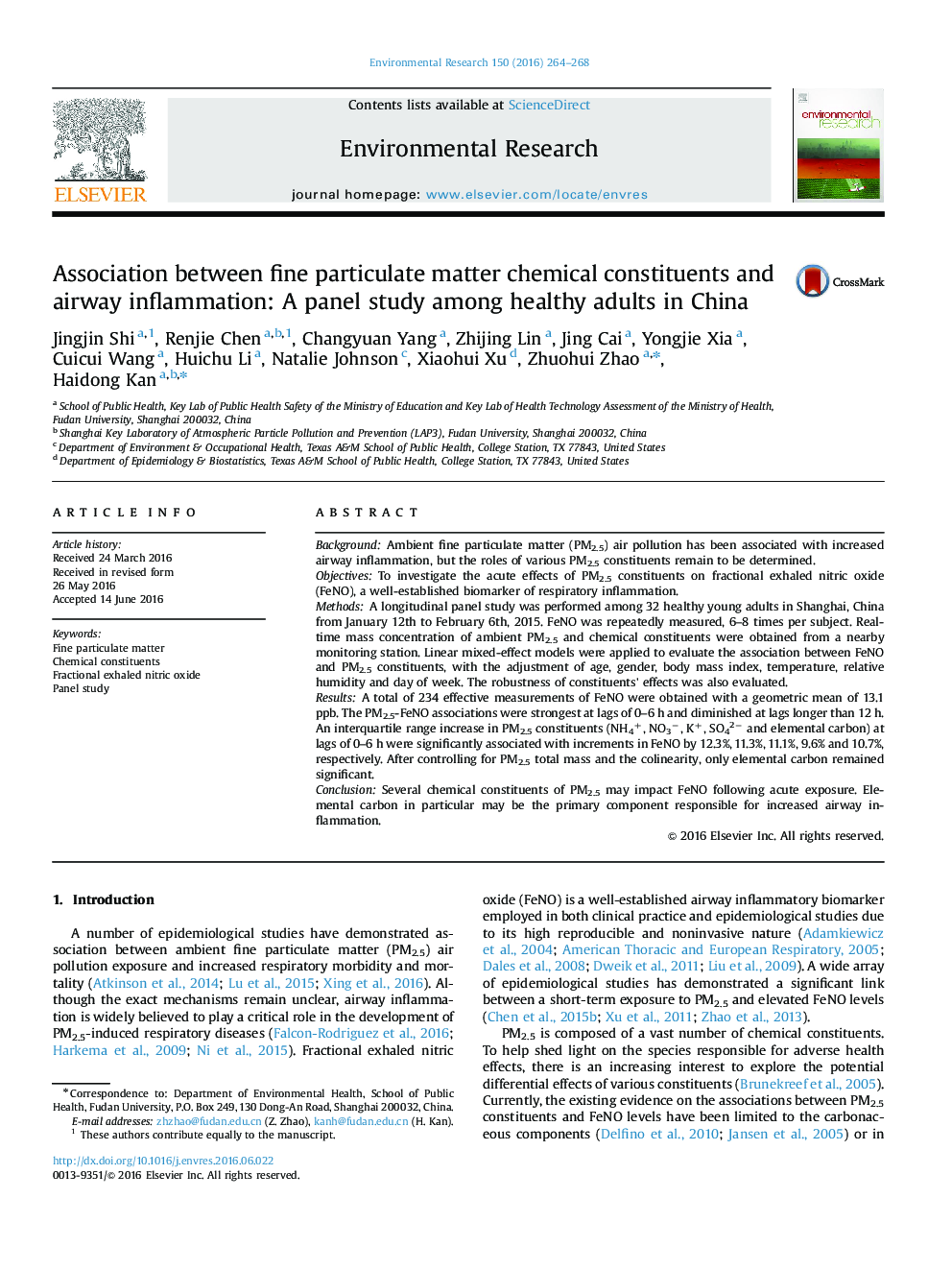 Association between fine particulate matter chemical constituents and airway inflammation: A panel study among healthy adults in China