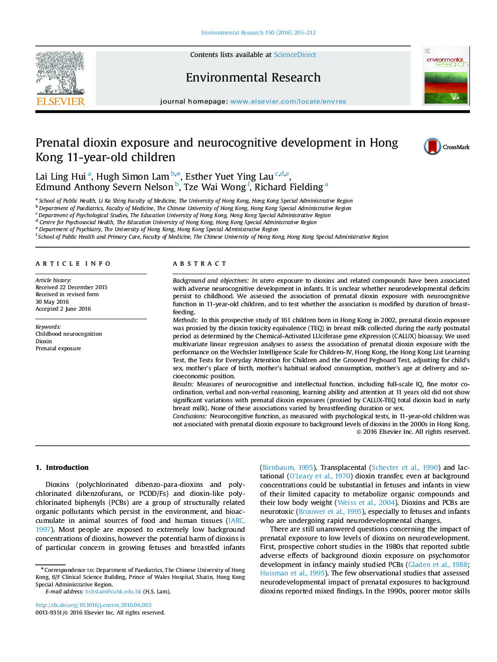 Prenatal dioxin exposure and neurocognitive development in Hong Kong 11-year-old children