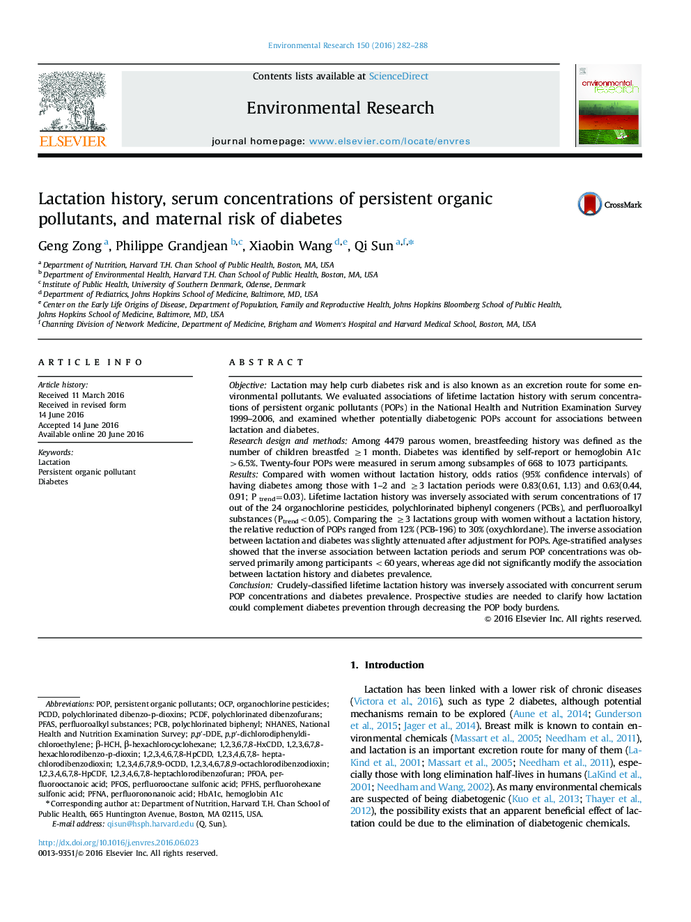 Lactation history, serum concentrations of persistent organic pollutants, and maternal risk of diabetes