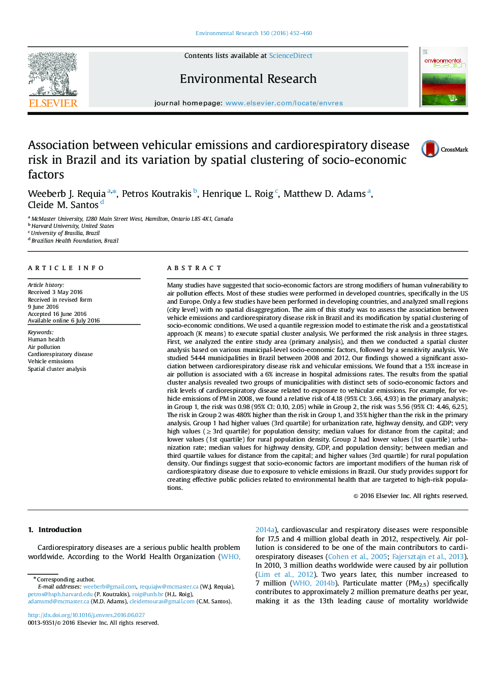 Association between vehicular emissions and cardiorespiratory disease risk in Brazil and its variation by spatial clustering of socio-economic factors