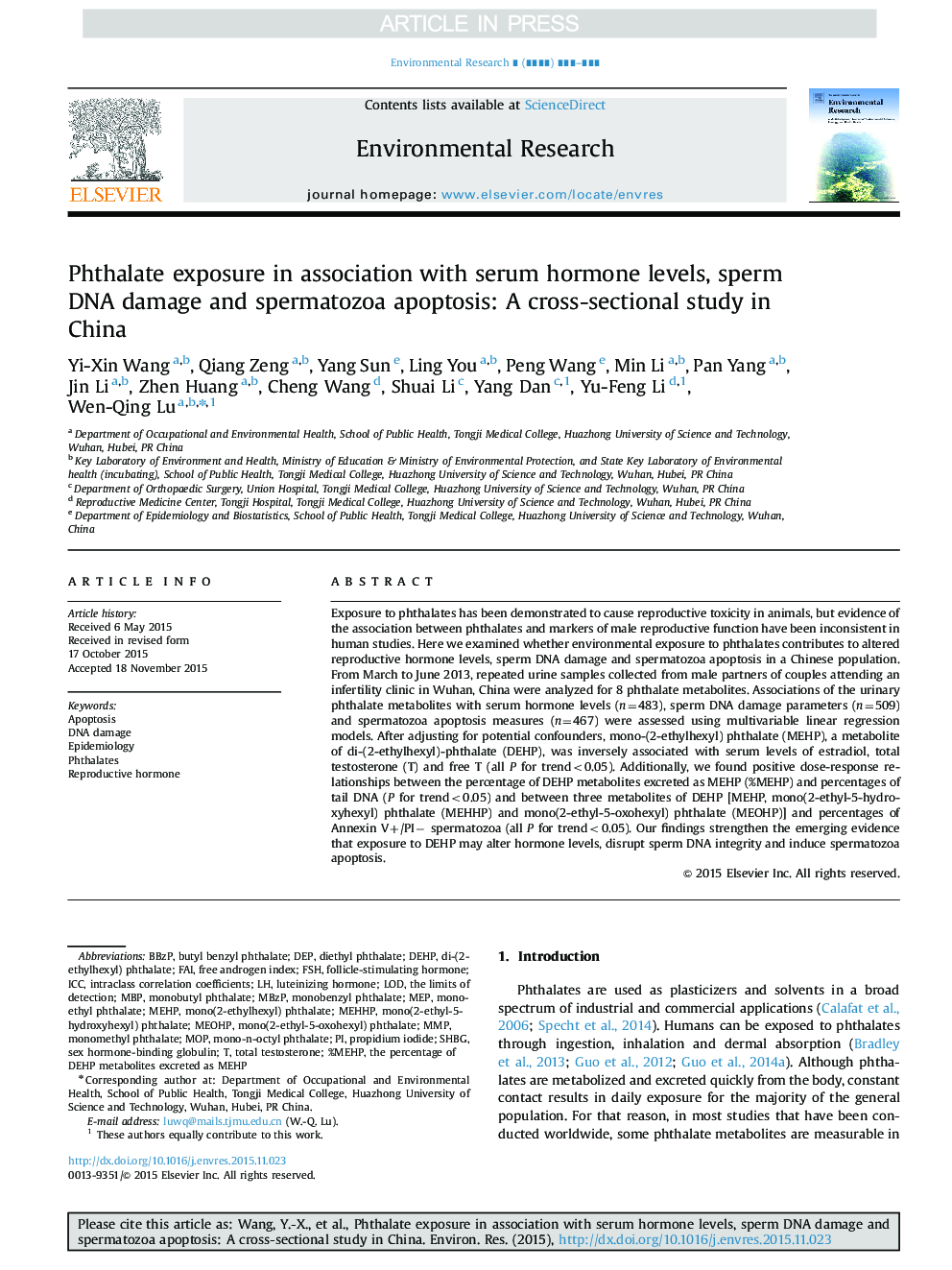 Phthalate exposure in association with serum hormone levels, sperm DNA damage and spermatozoa apoptosis: A cross-sectional study in China