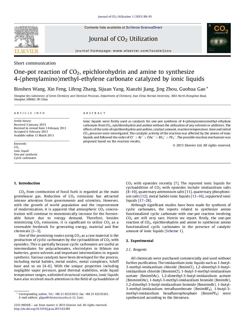 One-pot reaction of CO2, epichlorohydrin and amine to synthesize 4-(phenylamino)methyl-ethylene carbonate catalyzed by ionic liquids