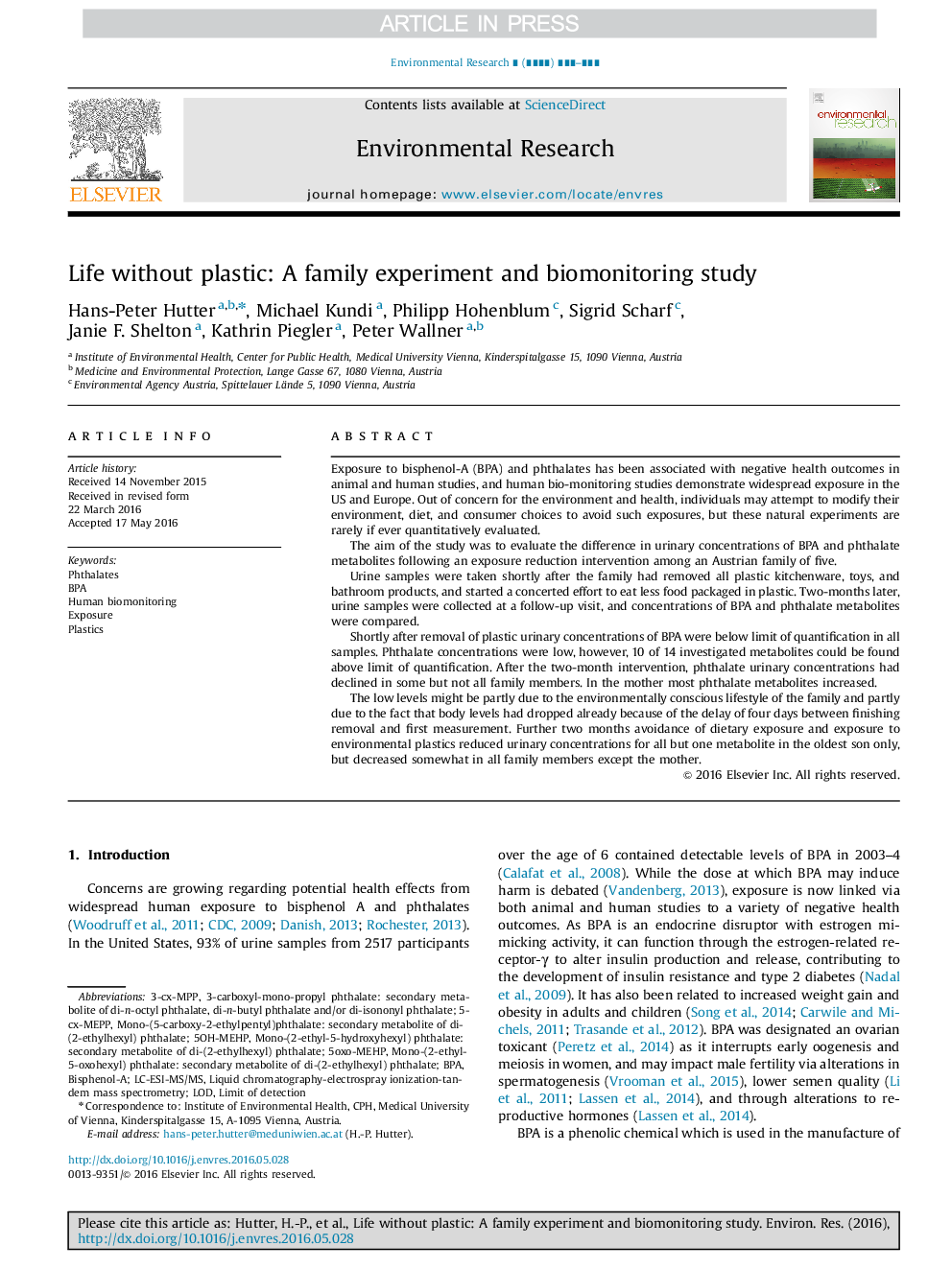 Life without plastic: A family experiment and biomonitoring study