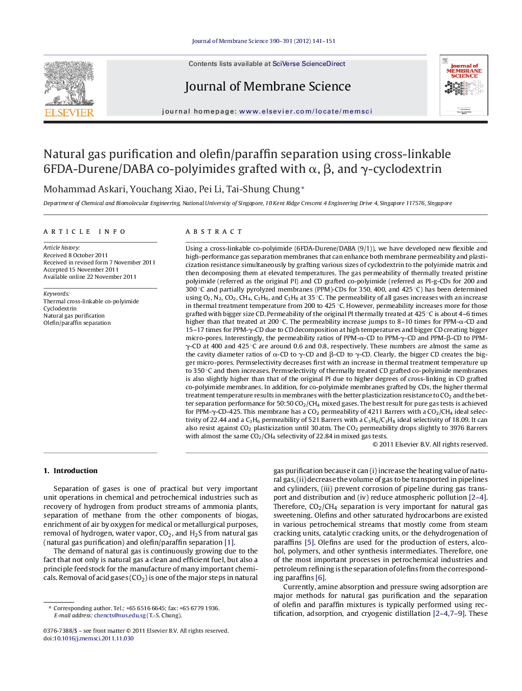 Natural gas purification and olefin/paraffin separation using cross-linkable 6FDA-Durene/DABA co-polyimides grafted with Î±, Î², and Î³-cyclodextrin