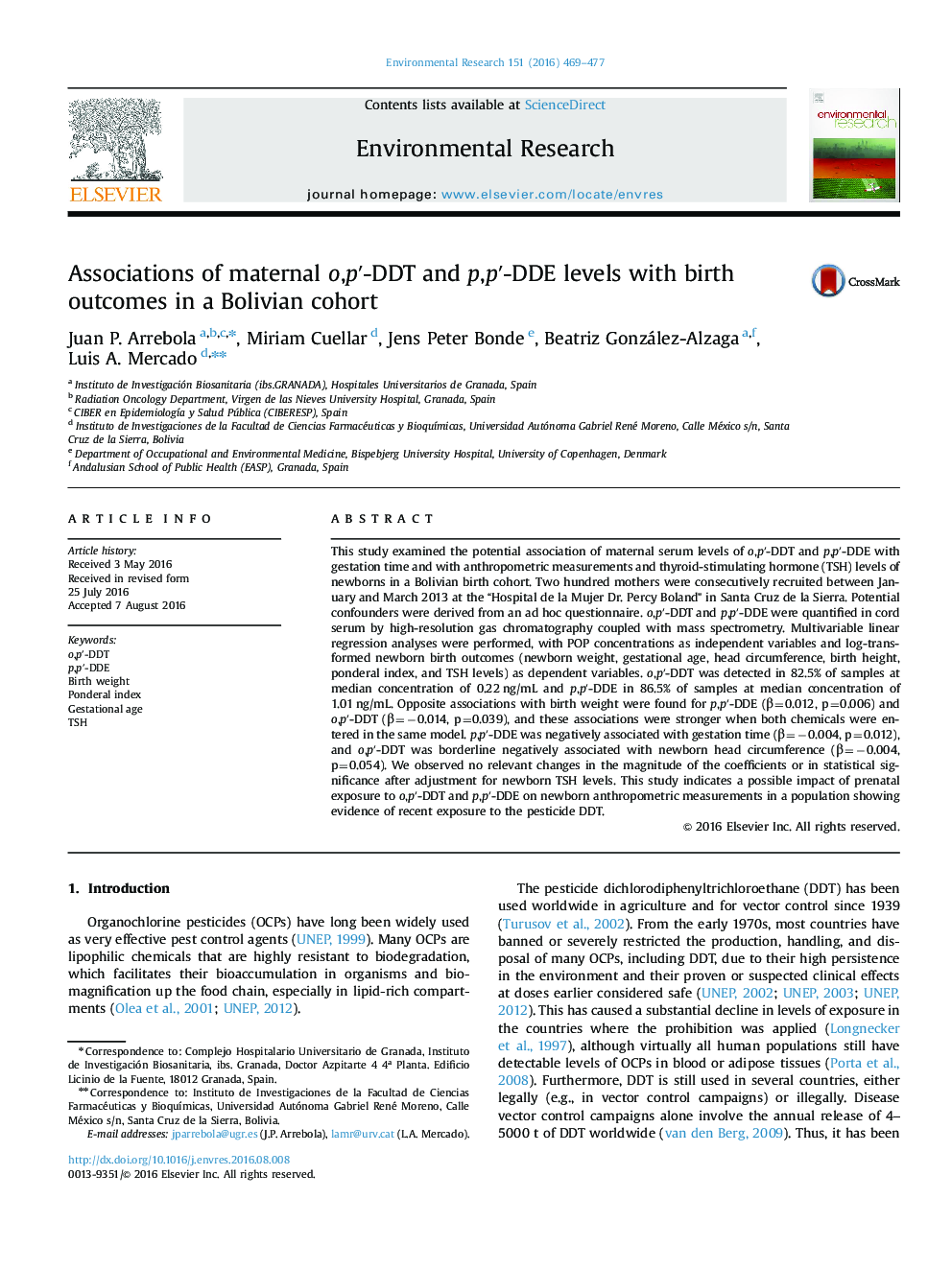 Associations of maternal o,pâ²-DDT and p,pâ²-DDE levels with birth outcomes in a Bolivian cohort