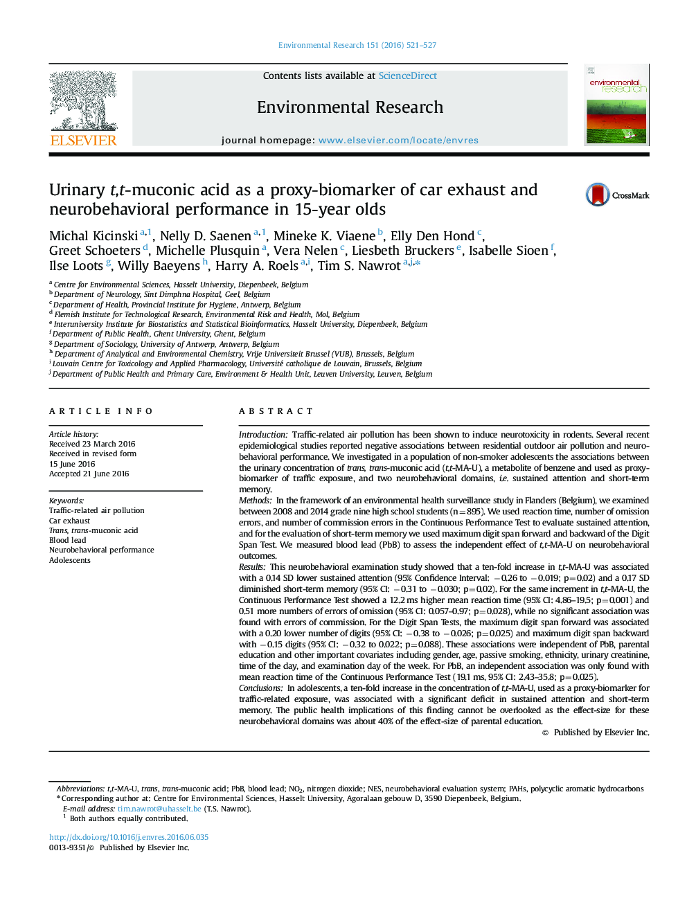 Urinary t,t-muconic acid as a proxy-biomarker of car exhaust and neurobehavioral performance in 15-year olds