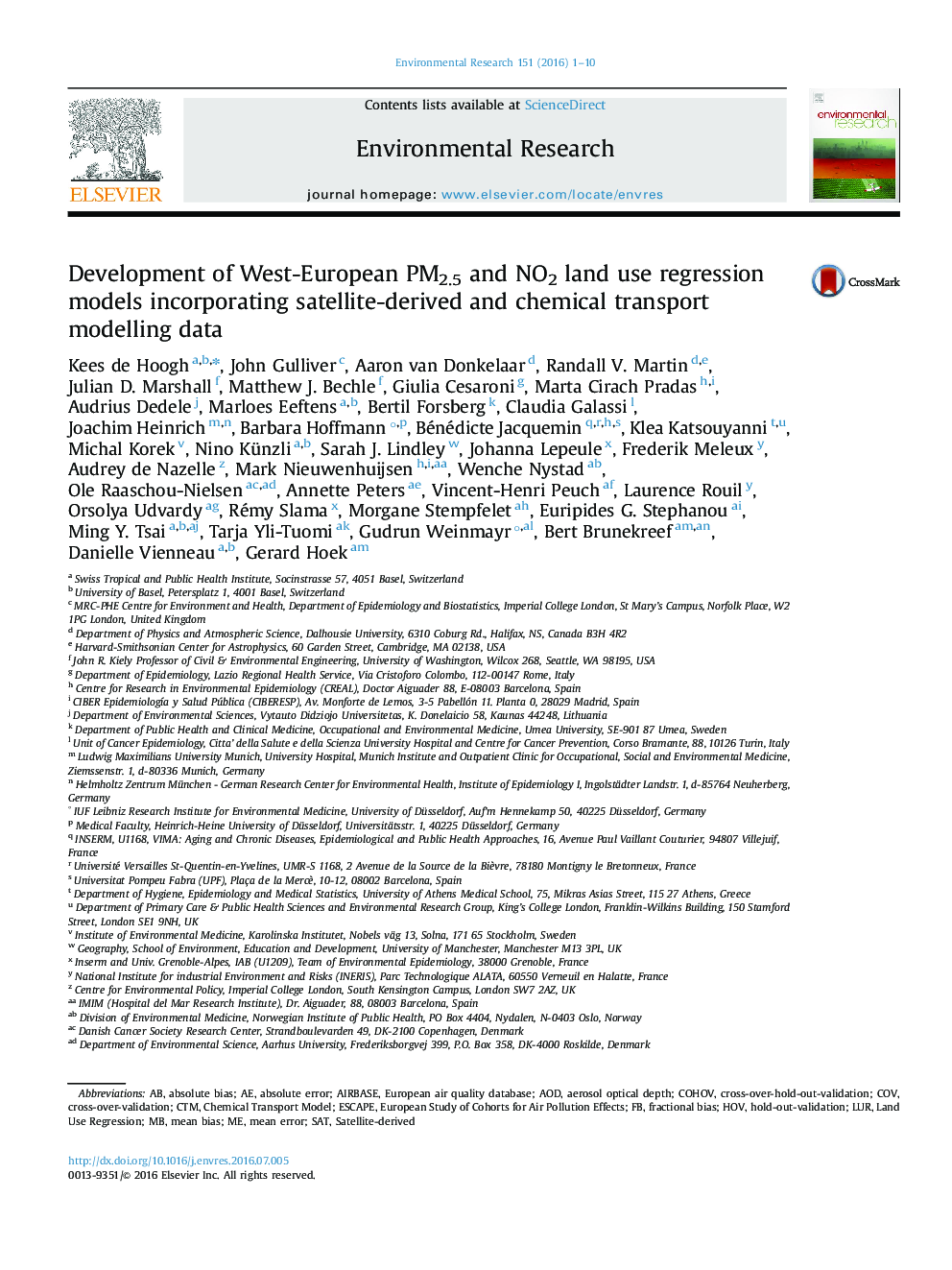 Development of West-European PM2.5 and NO2 land use regression models incorporating satellite-derived and chemical transport modelling data