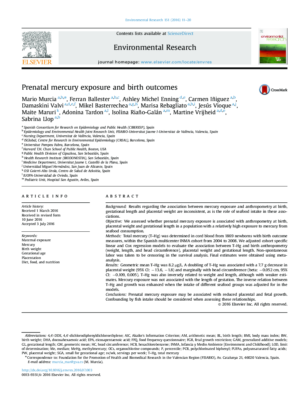 Prenatal mercury exposure and birth outcomes