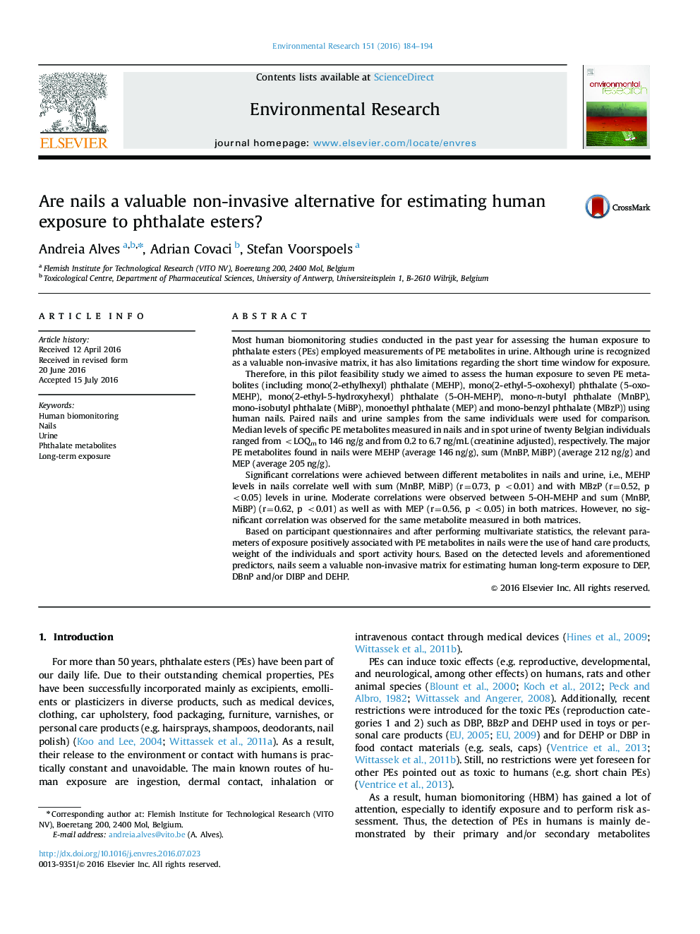 Are nails a valuable non-invasive alternative for estimating human exposure to phthalate esters?