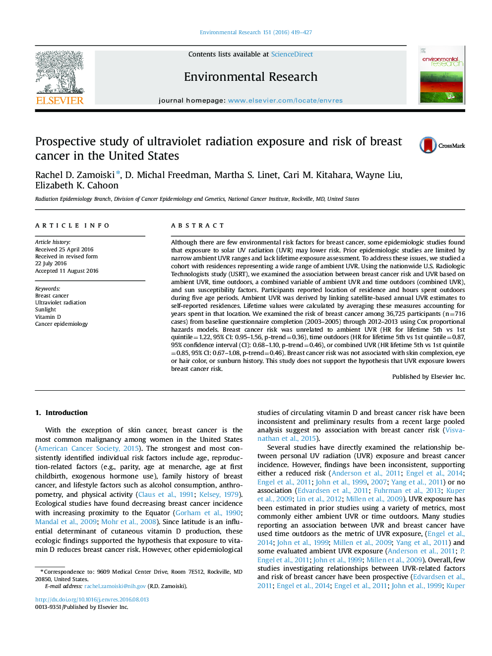 Prospective study of ultraviolet radiation exposure and risk of breast cancer in the United States